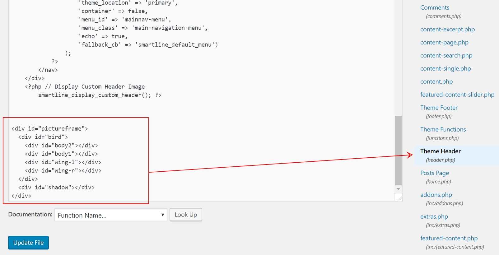 Chèn mã HTML của con chim 3D vào tệp header.php