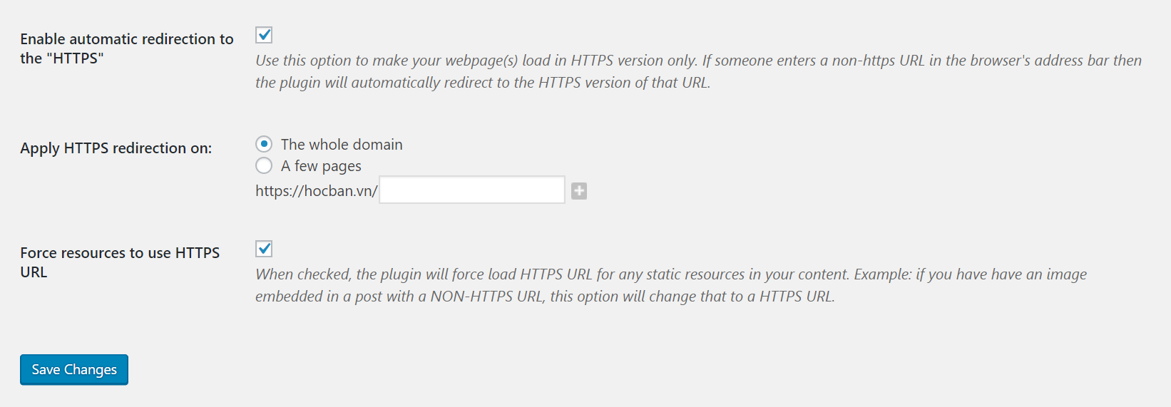 thiet lap plugin Easy HTTPS (SSL) Redirection