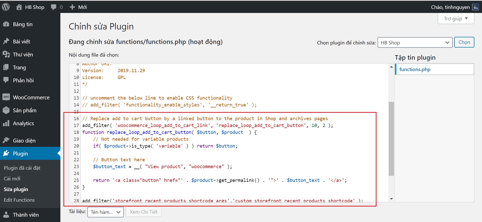 Ví dụ thêm code trong phần Edit Functions của plugin Functionality