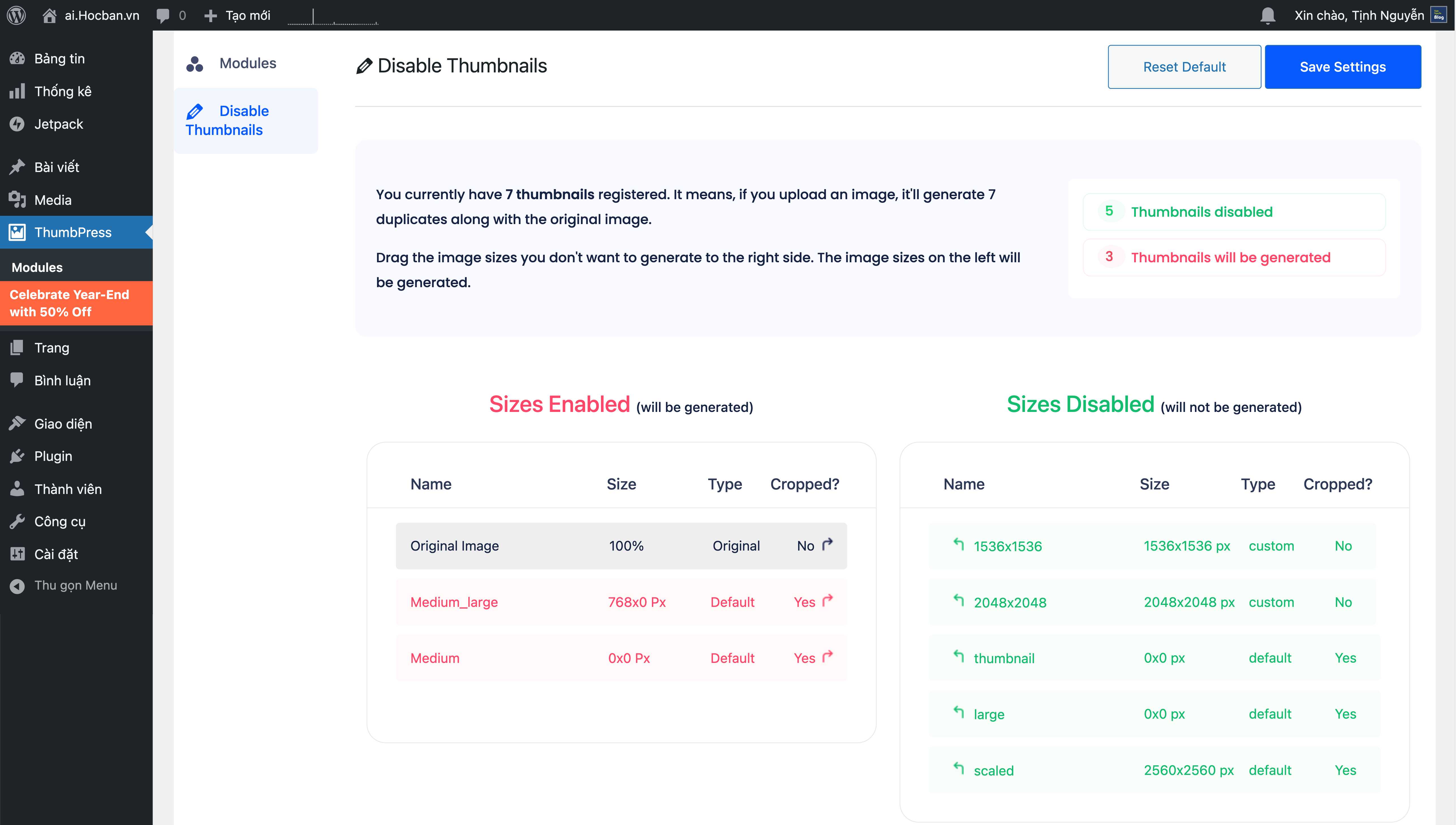Kéo thả những kích thước ảnh không sử dụng bỏ qua bên cột Sizes Disabled