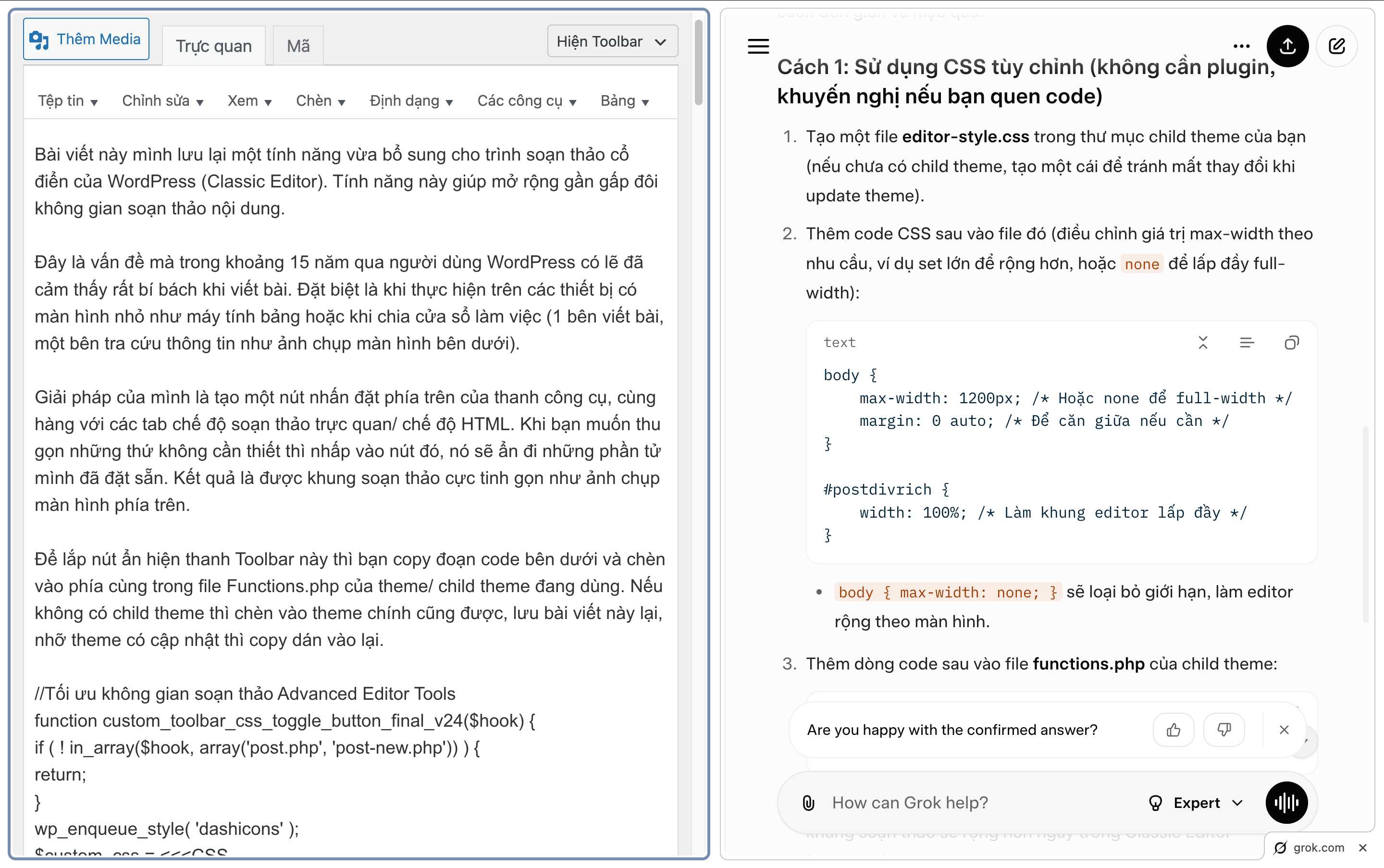 Mở rộng không gian soạn thảo classic editor