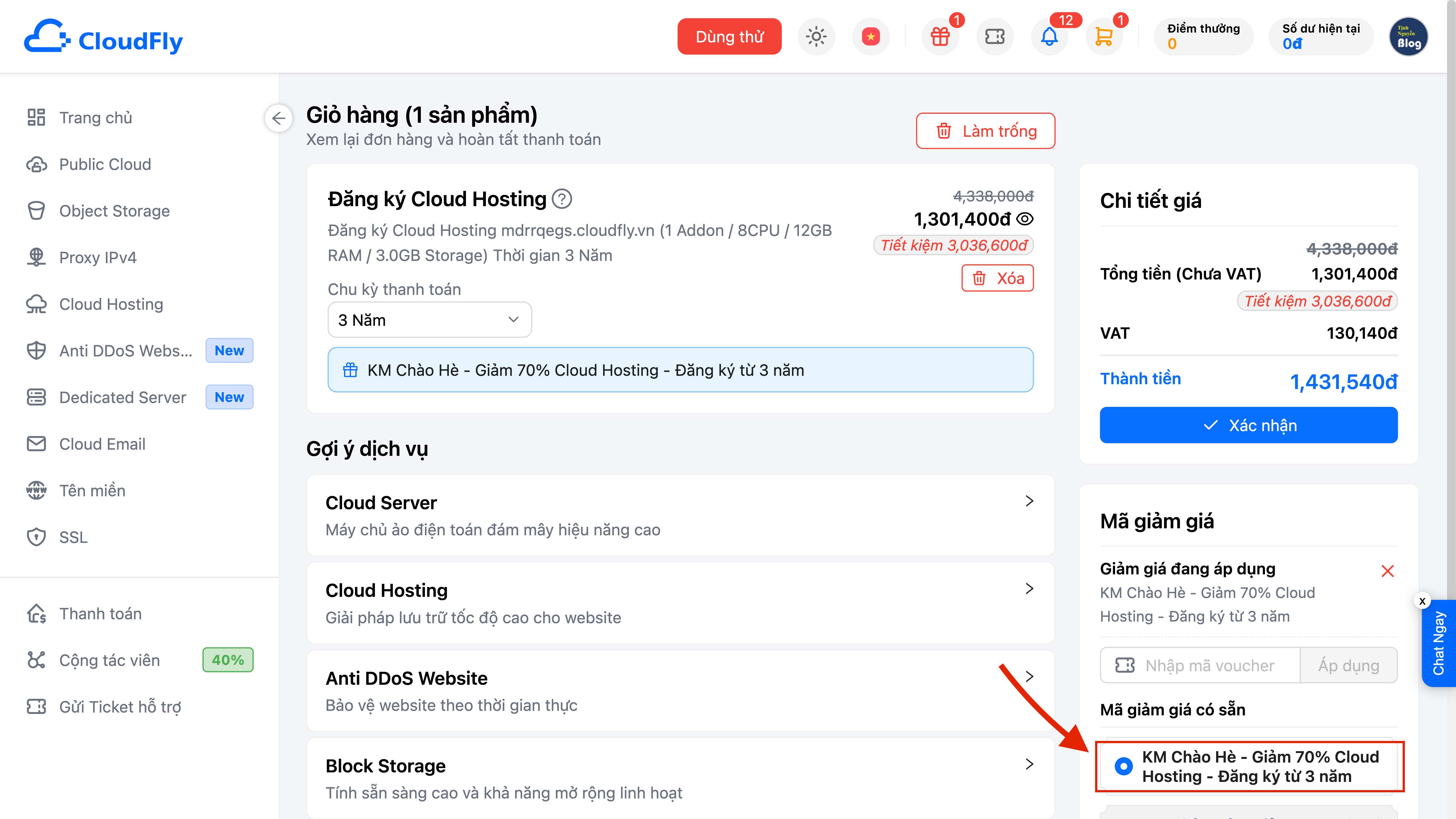 Ví dụ về áp dụng thành công ưu đãi CloudFly