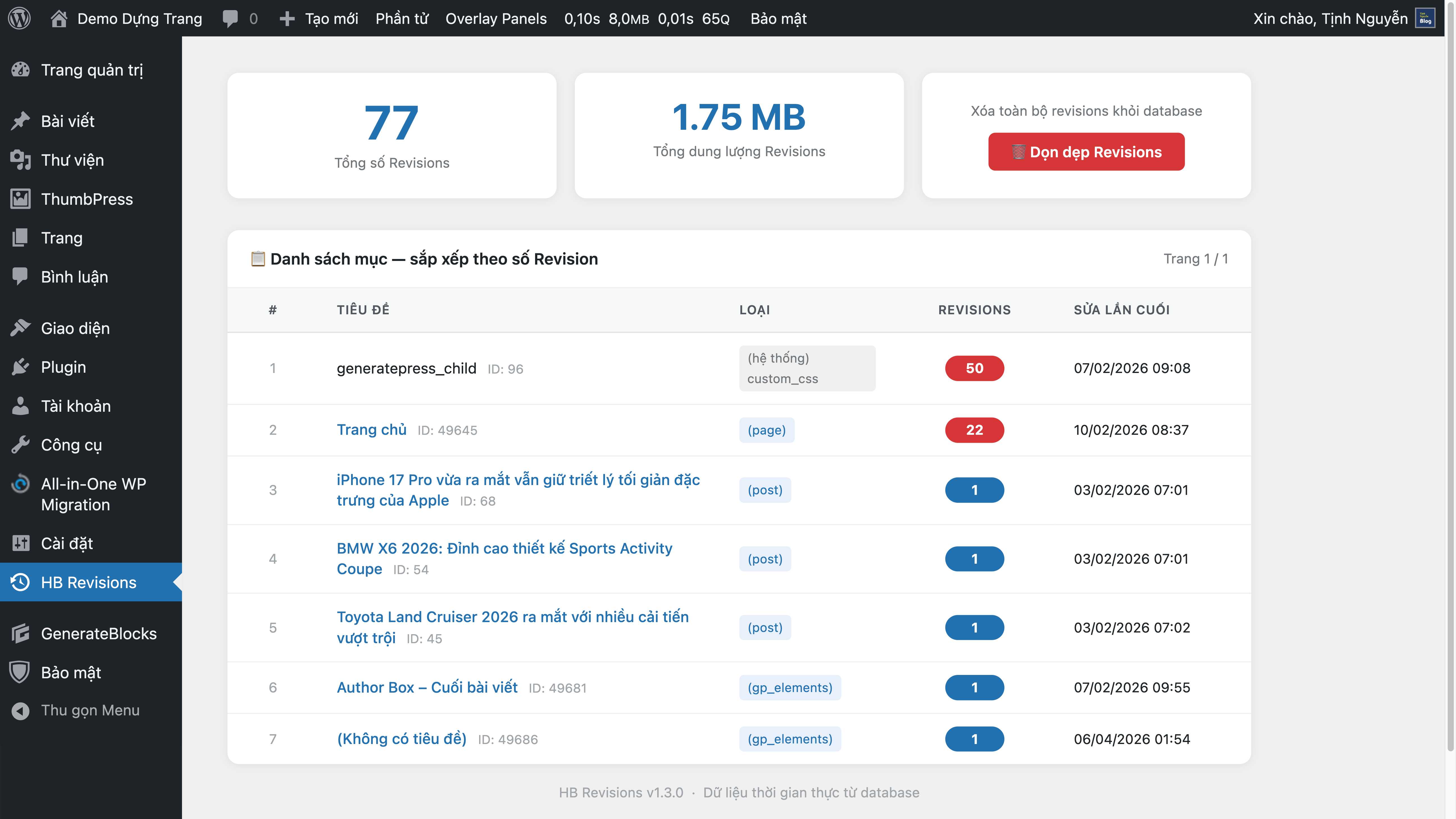 Demo sản phẩm - plugin HB Revisions