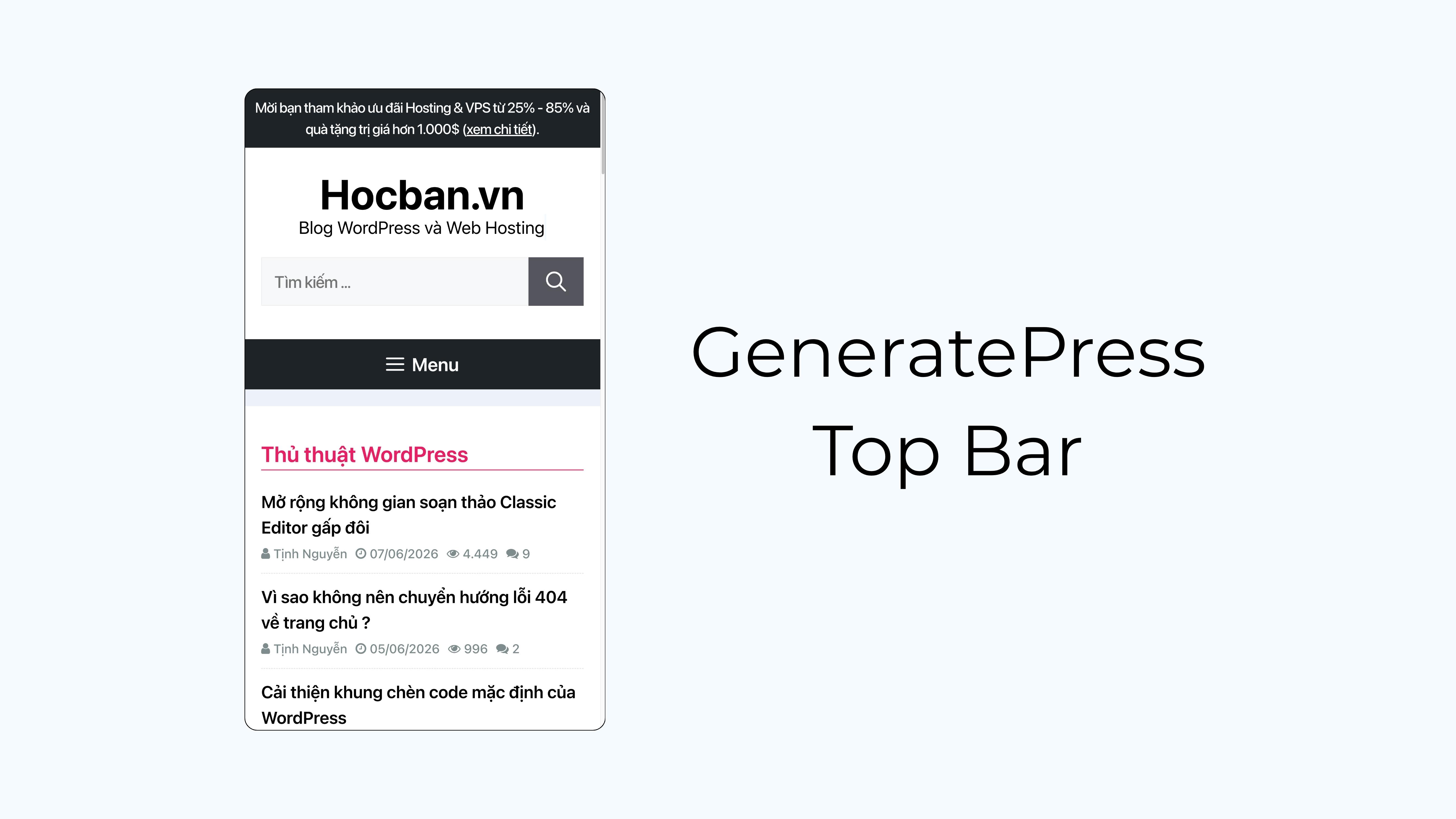 Tạo thanh thông báo đầu trang với GeneratePress Top Bar